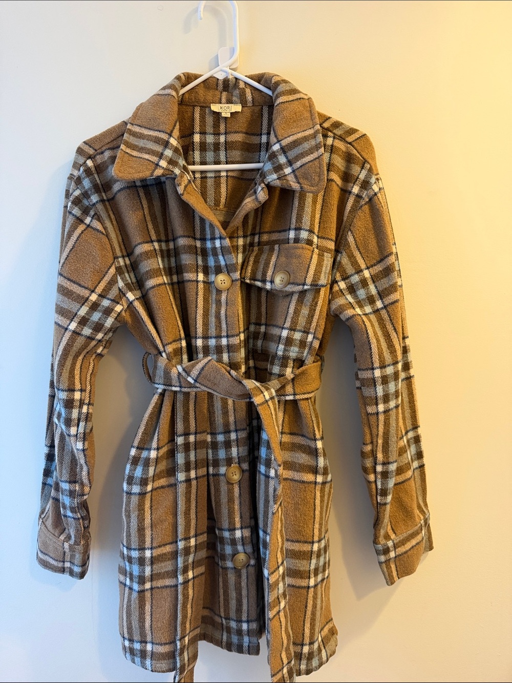 Kori Tan Plaid Belted Trench Coat